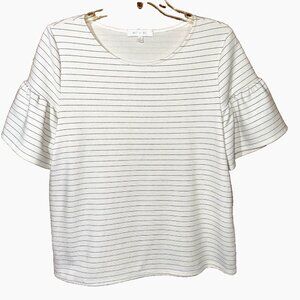Eri + Ali Anthropologie Ruffle Sleeve Pinstripe Top White Black Minimalist M